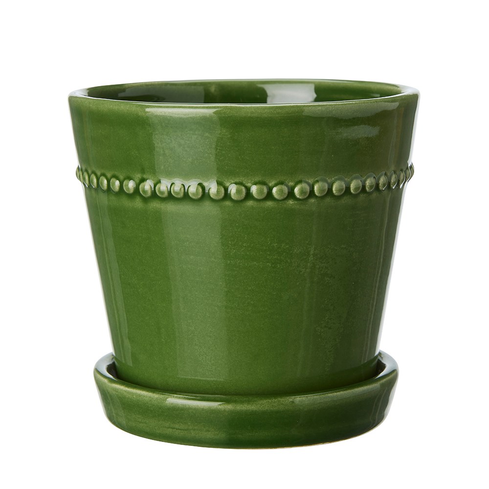 Set of 2 glazed plant pots with saucers - dark green 