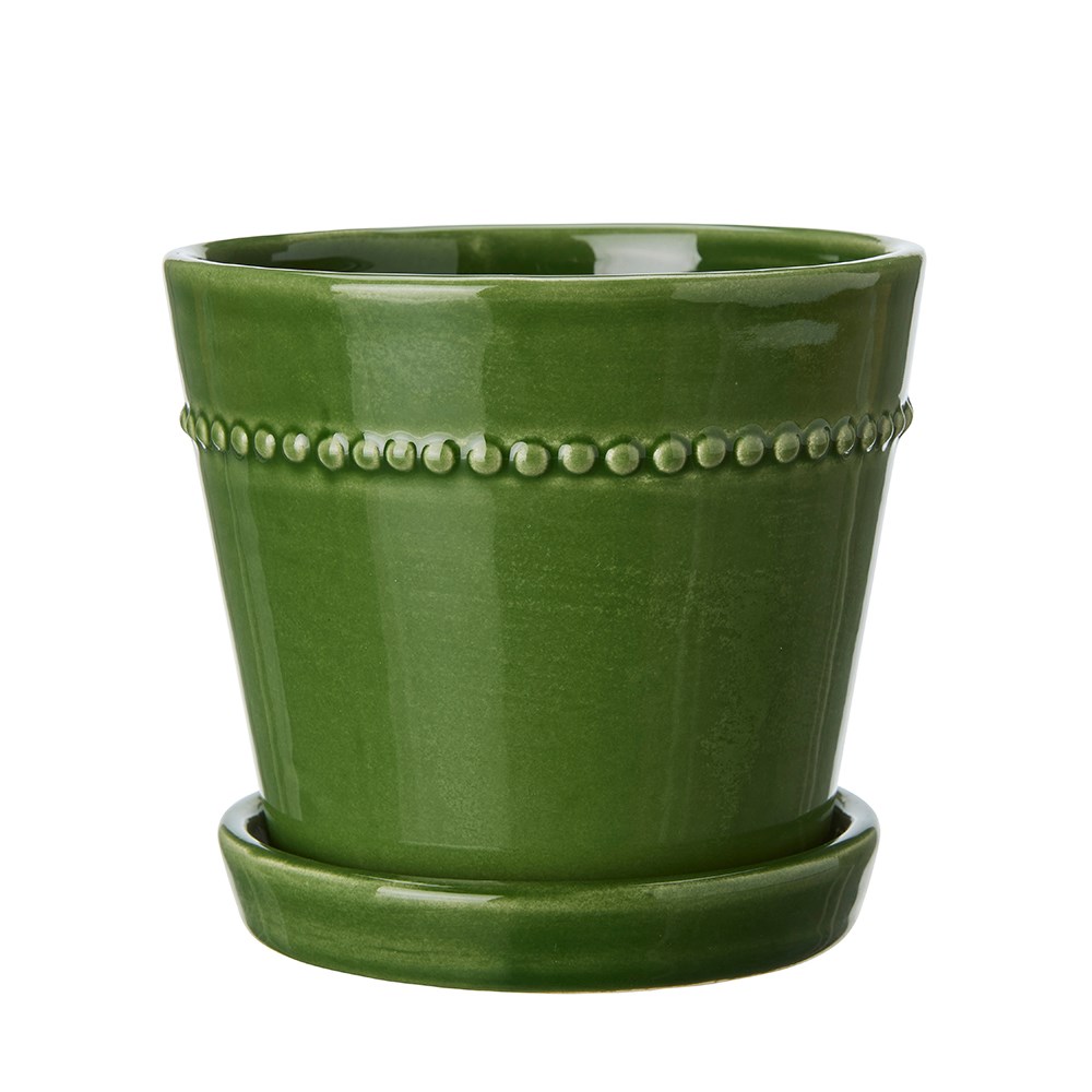 Set of 2 glazed plant pots with saucers - dark green 