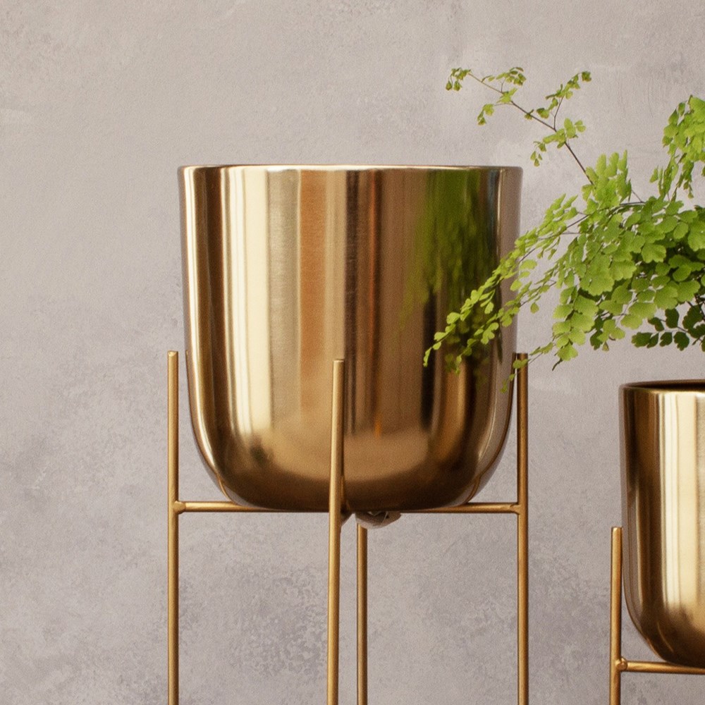Indoor metal plant pot with stand - gold
