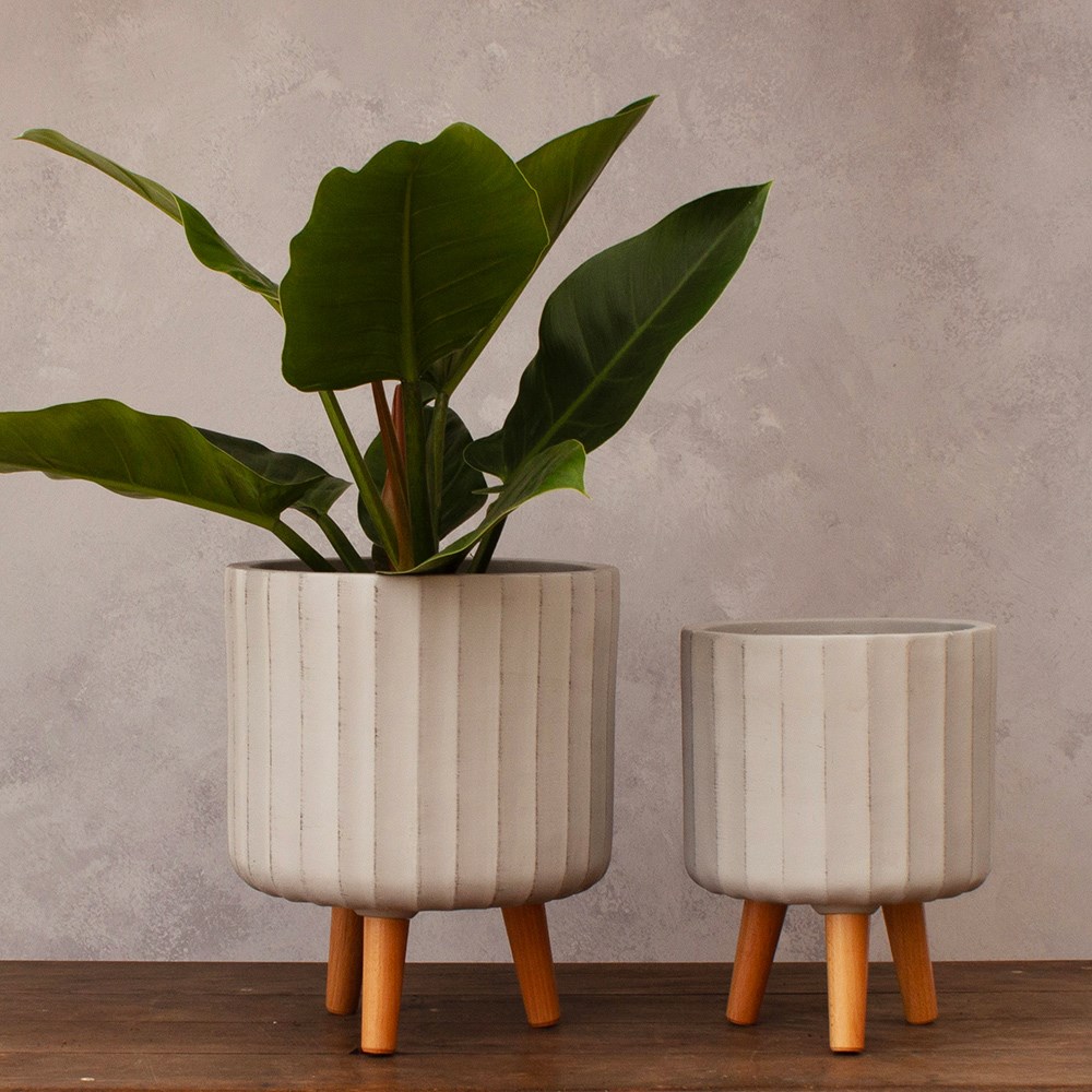 Vertical rib plant pot with legs set of 2 - off white