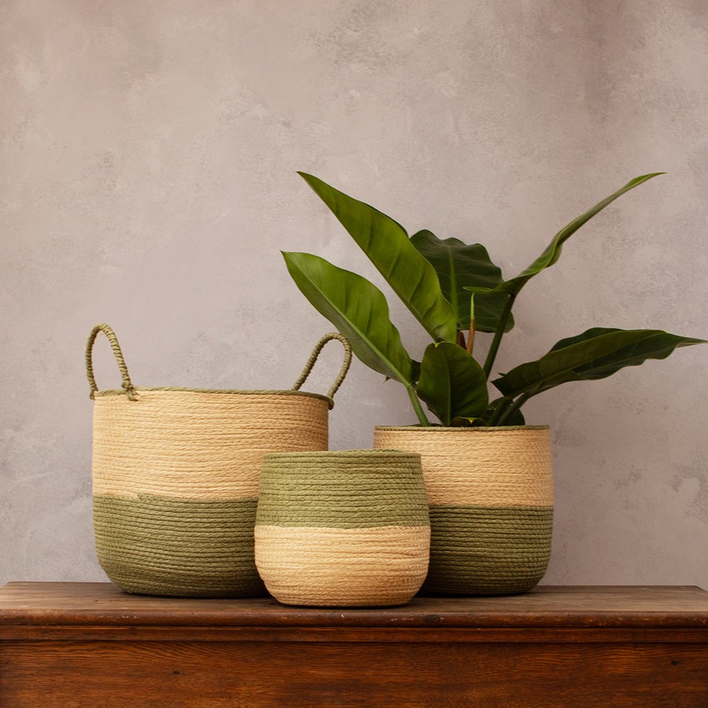 Set of three woven plant pots - khaki & beige