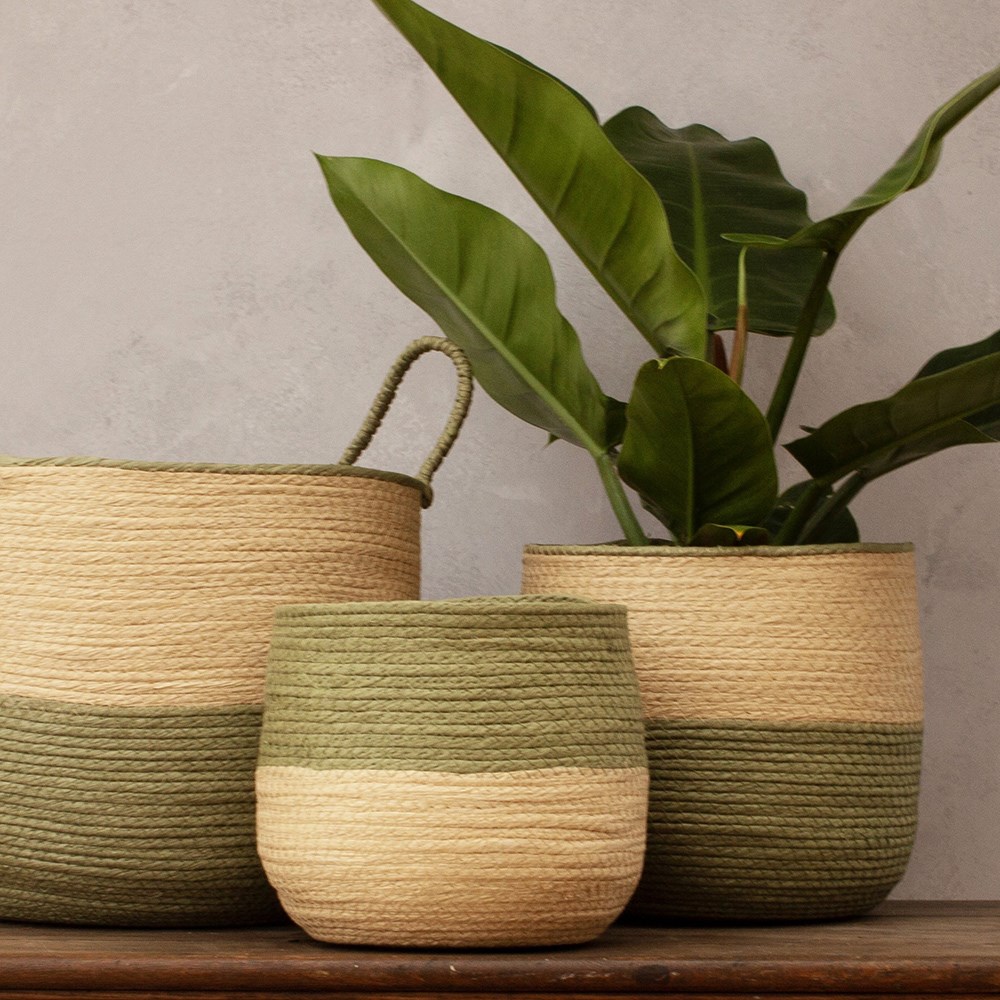Set of three woven plant pots - khaki & beige