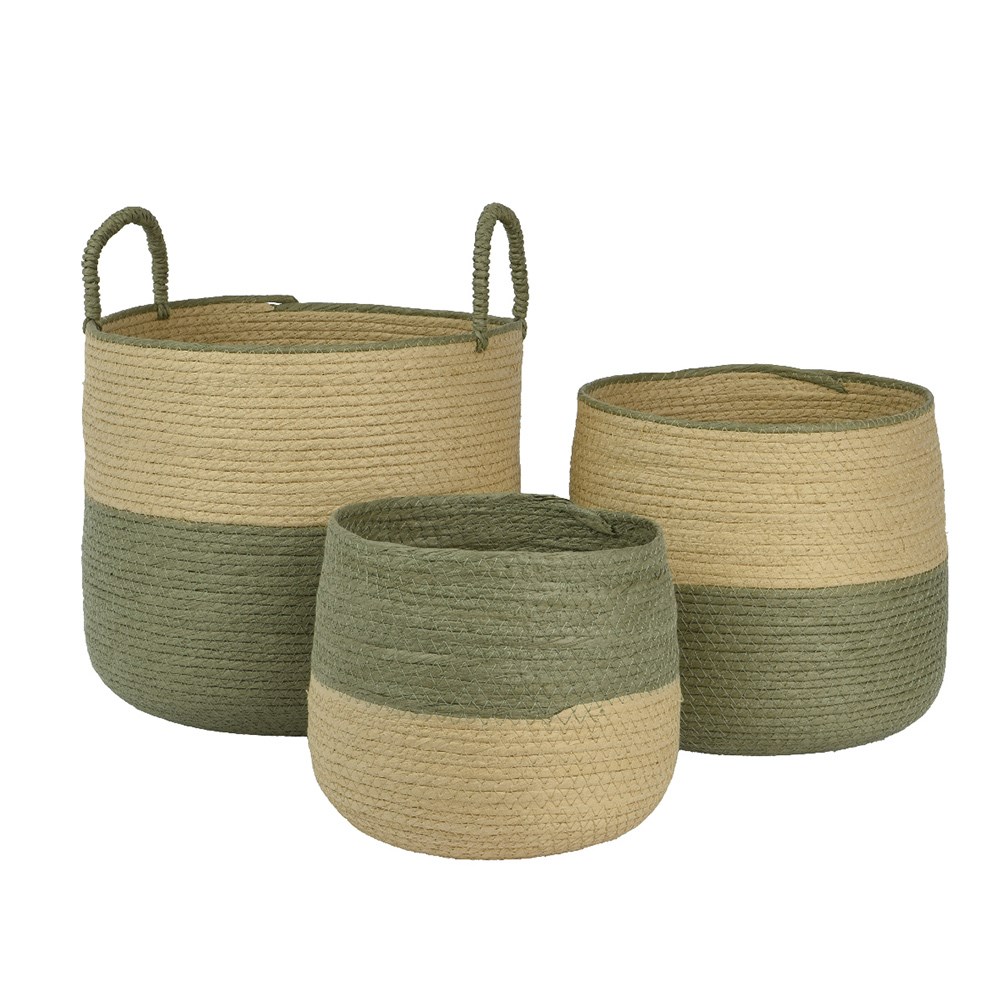 Set of three woven plant pots - khaki & beige