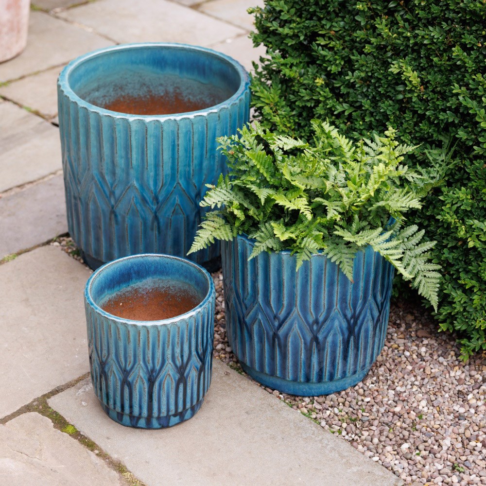 Deco glazed terracotta pot - teal