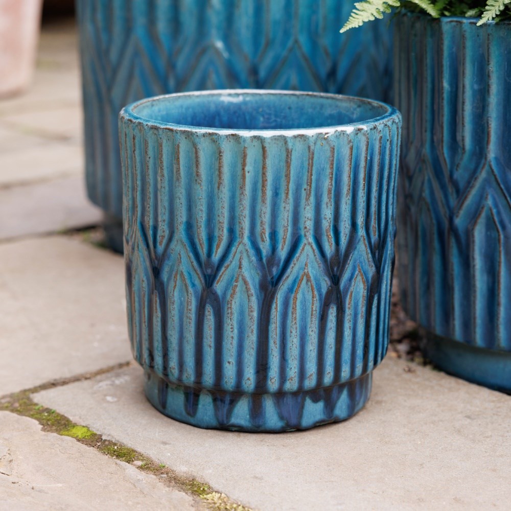 Deco glazed terracotta pot - teal