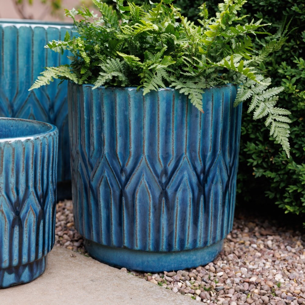 Deco glazed terracotta pot - teal