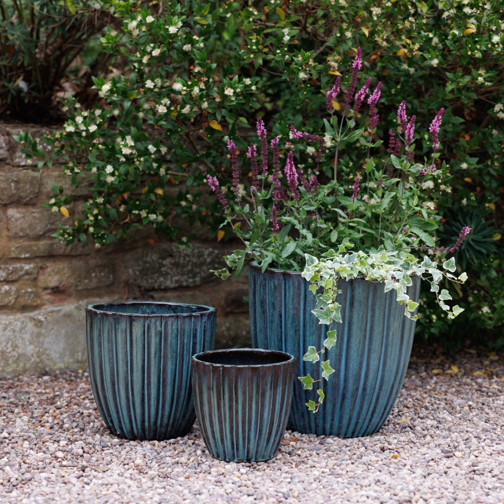 Fluted glazed terracotta pot - light teal