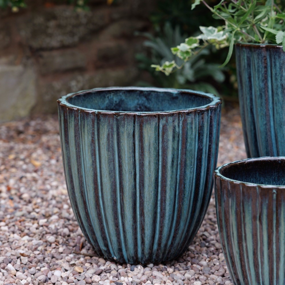 Fluted glazed terracotta pot - light teal