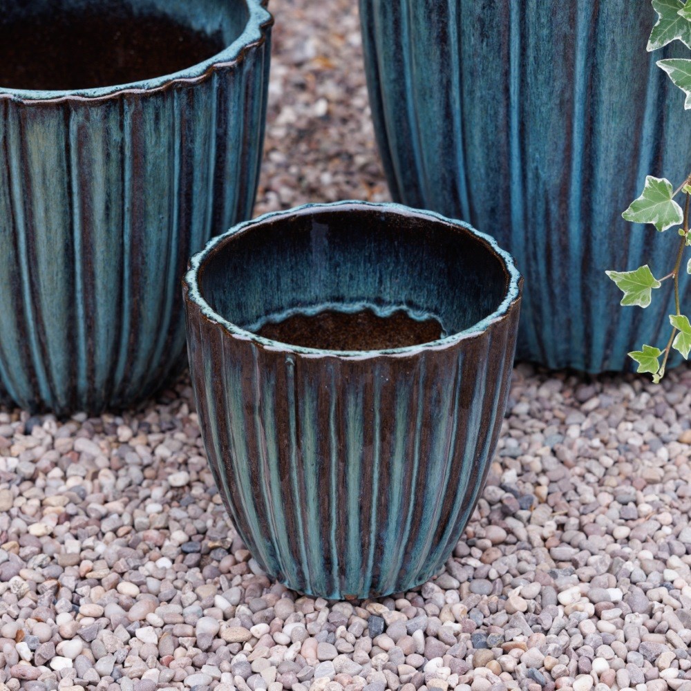 Fluted glazed terracotta pot - light teal