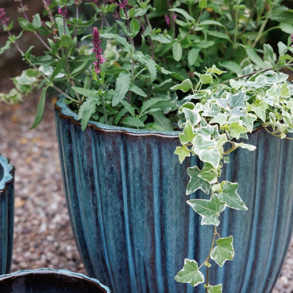 Fluted glazed terracotta pot - light teal
