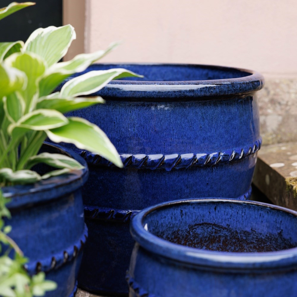 Glazed terracotta planter with rope detail - deep blue