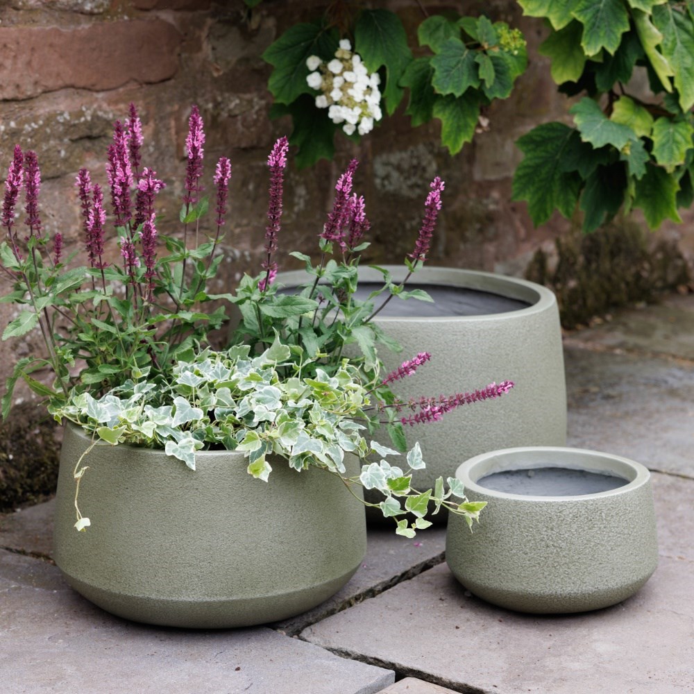 Set of three low bowl planters - green