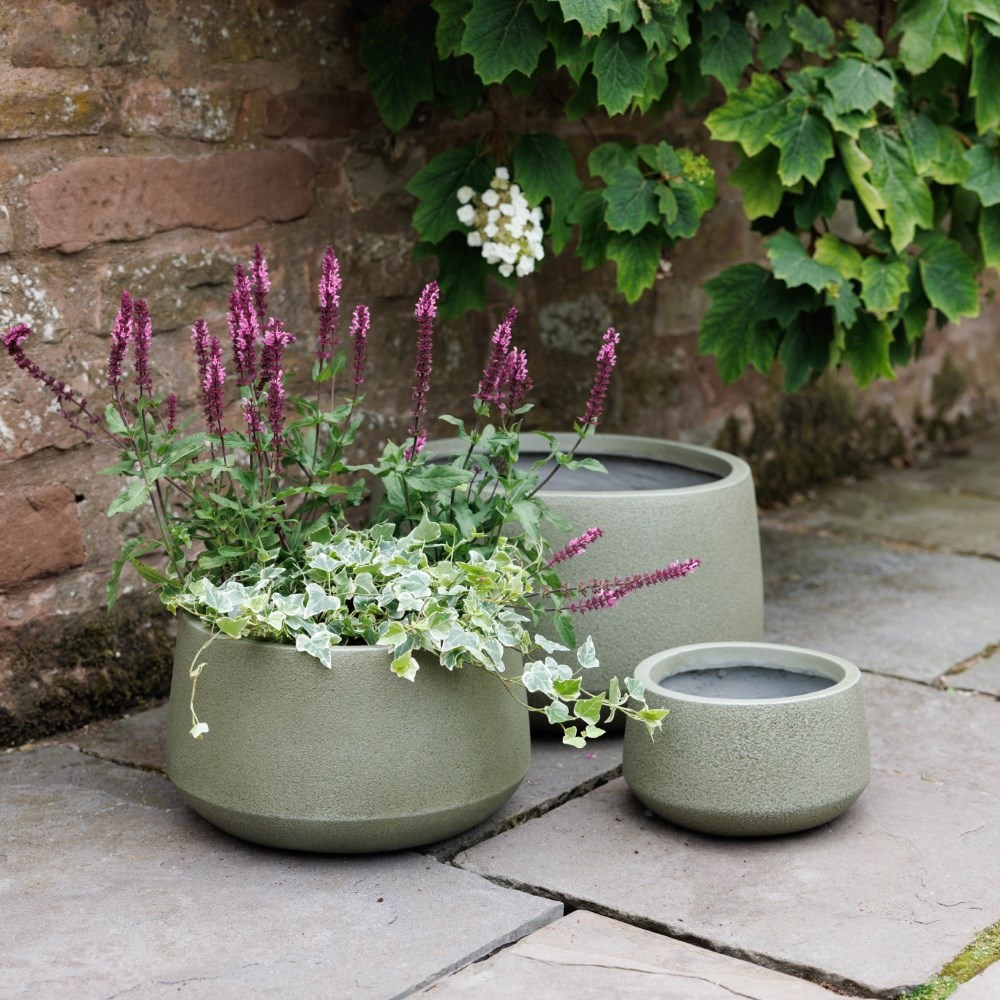 Set of three low bowl planters - green