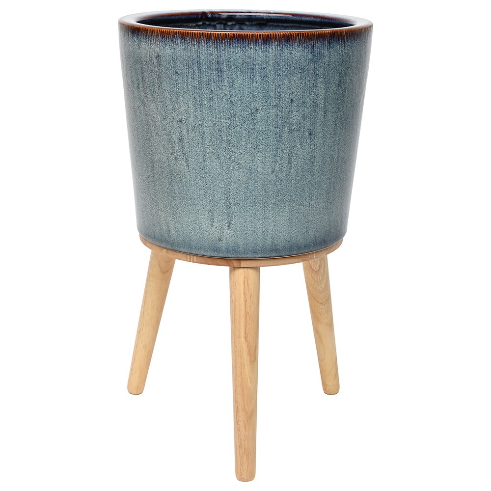 Large glazed plant pot with wooden legs - blue