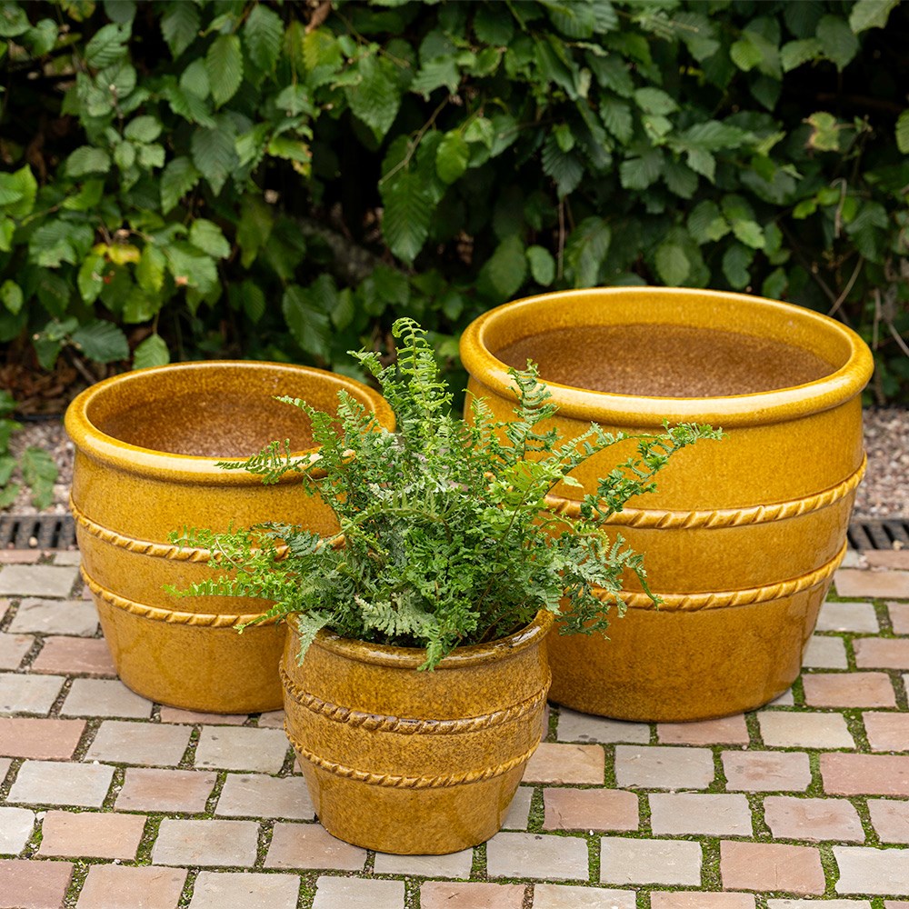 Glazed terracotta planter with rope detail - ochre