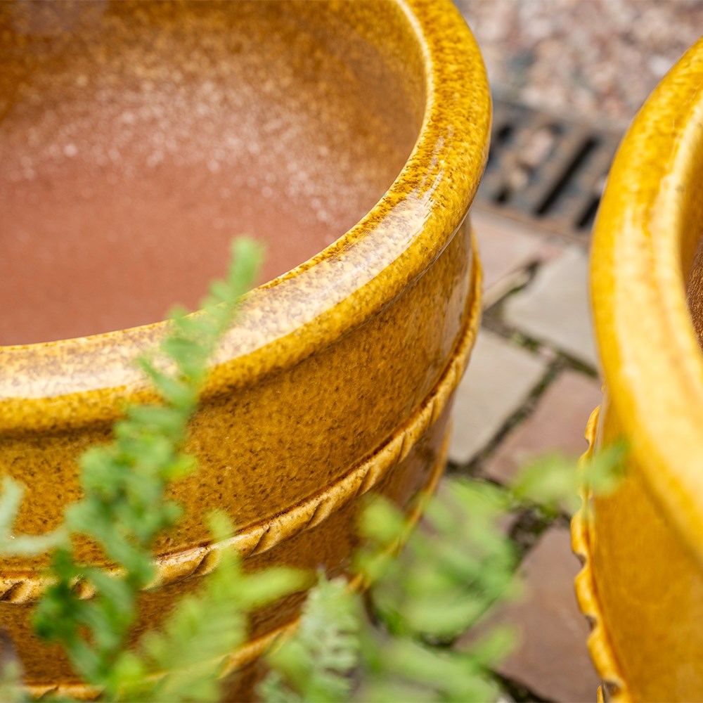 Glazed terracotta planter with rope detail - ochre