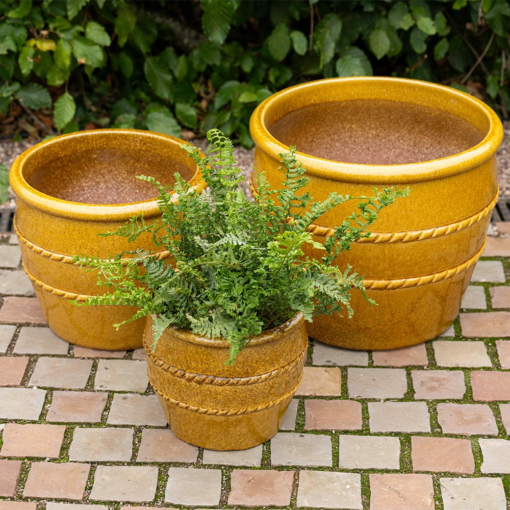 Glazed terracotta planter with rope detail - ochre