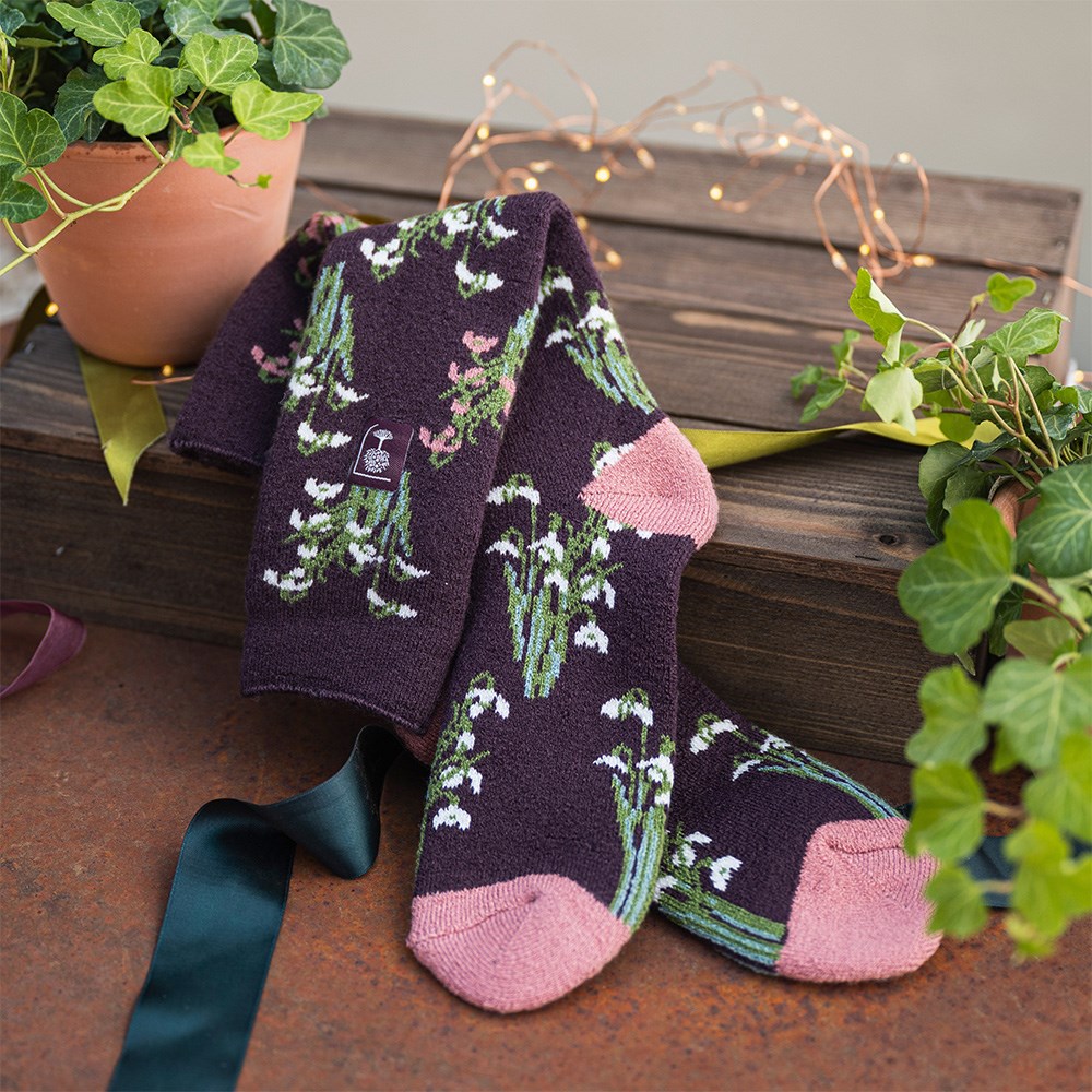 RHS Women's lite thermal wellington boot socks - burgundy floral