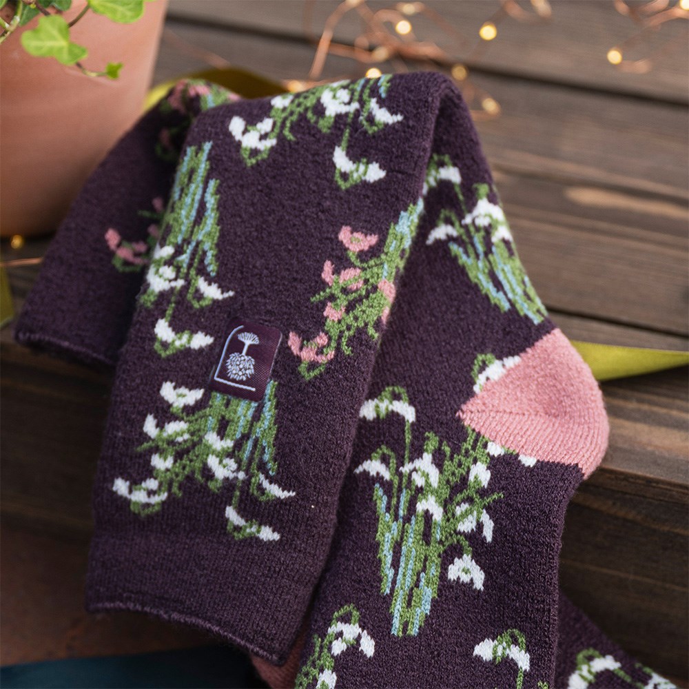 RHS Women's lite thermal wellington boot socks - burgundy floral