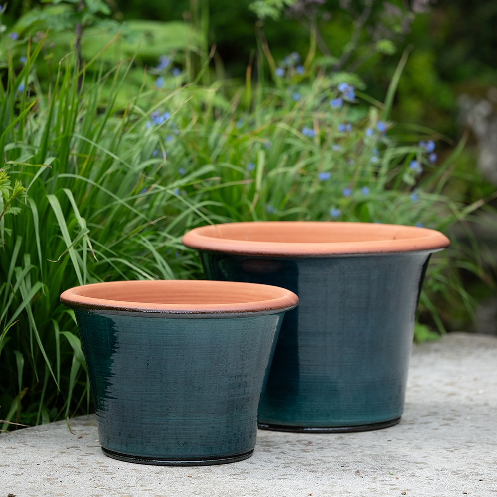 Glassy glazed terracotta planter - cyan