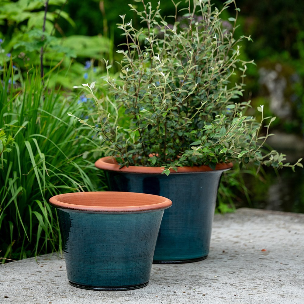 Glassy glazed terracotta planter - cyan