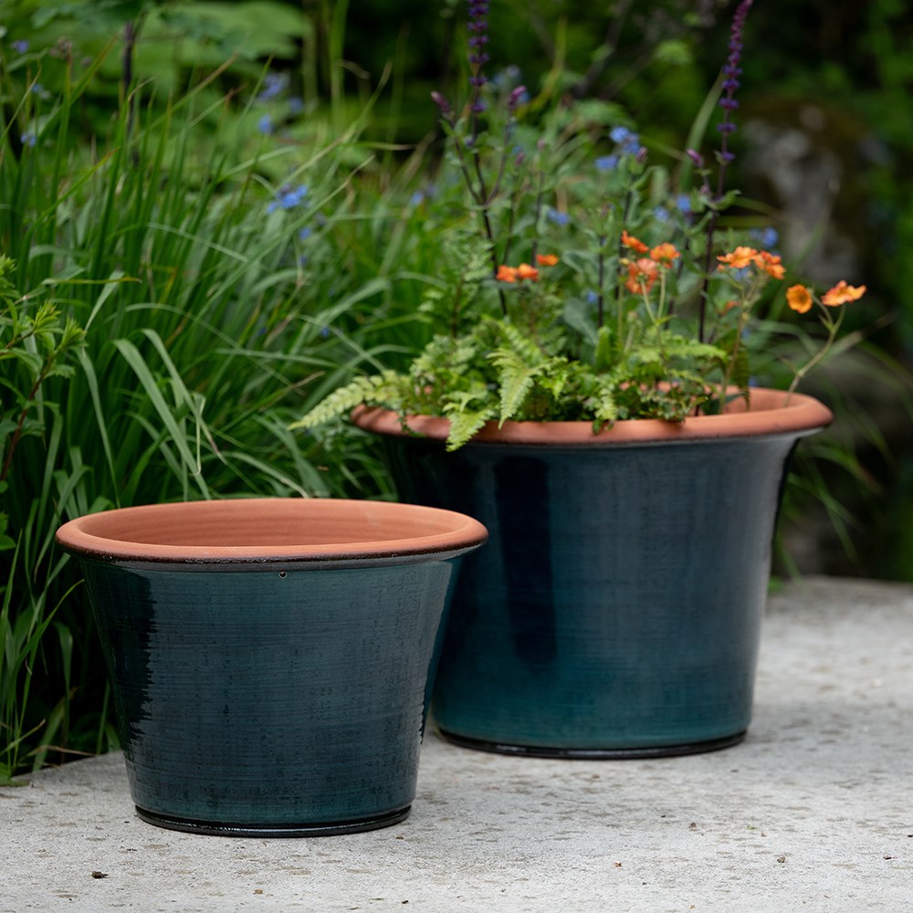 Glassy glazed terracotta planter - cyan