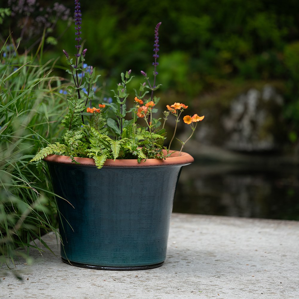 Glassy glazed terracotta planter - cyan