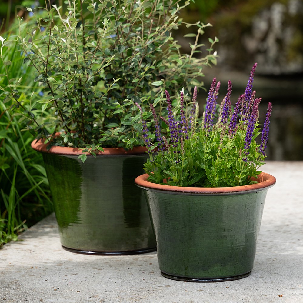Glassy glazed terracotta planter - moss