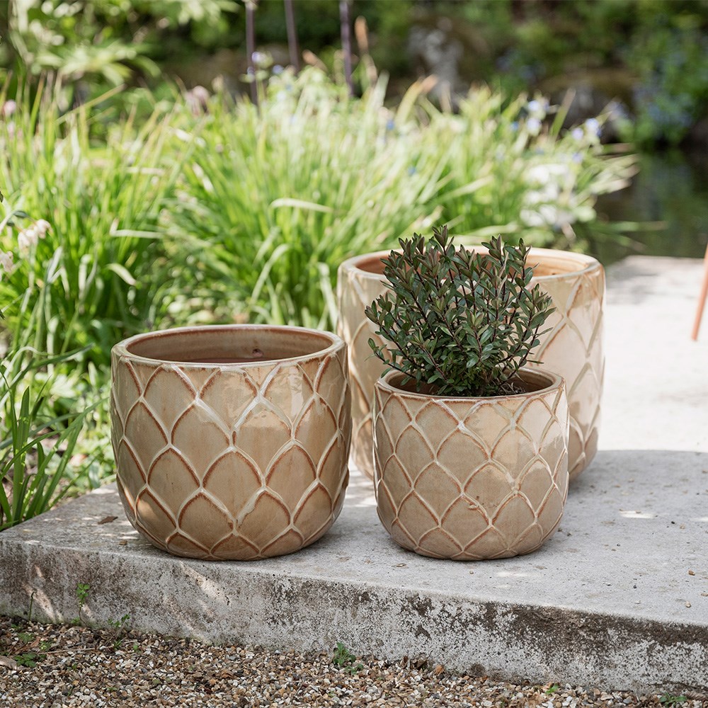 Leaf glazed terracotta pot - ochre