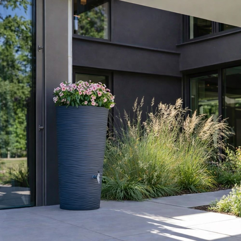 Dark grey ribbed water butt with planter - 220 litres