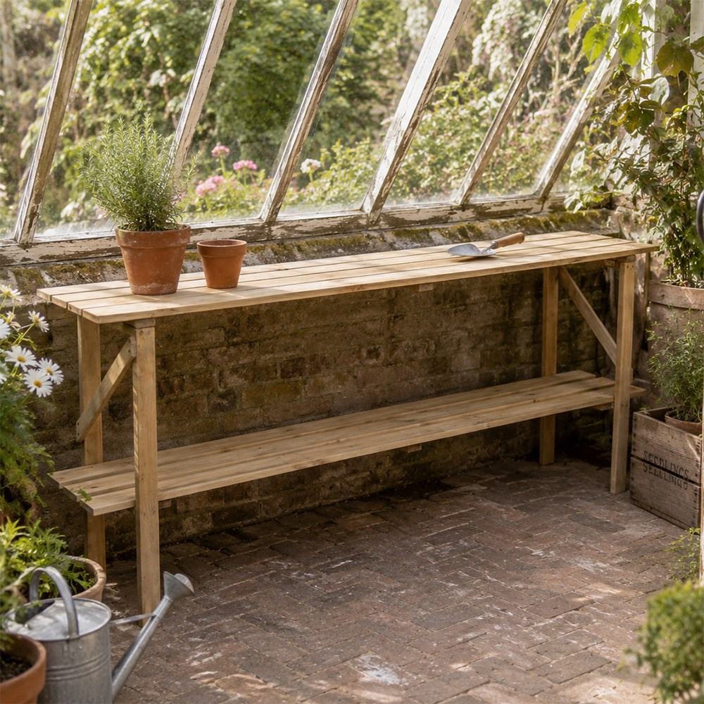 Wooden greenhouse staging 2 tier - long 