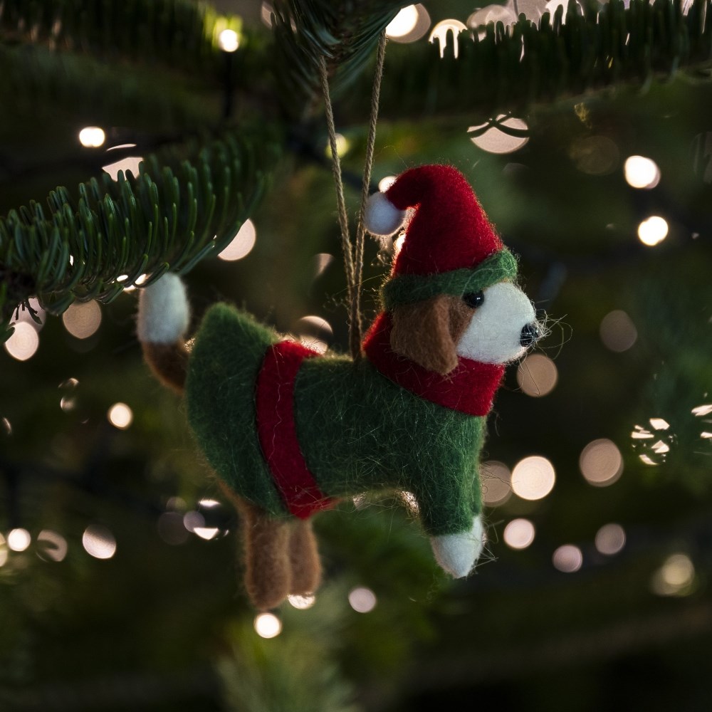 Felt dog in green jacket