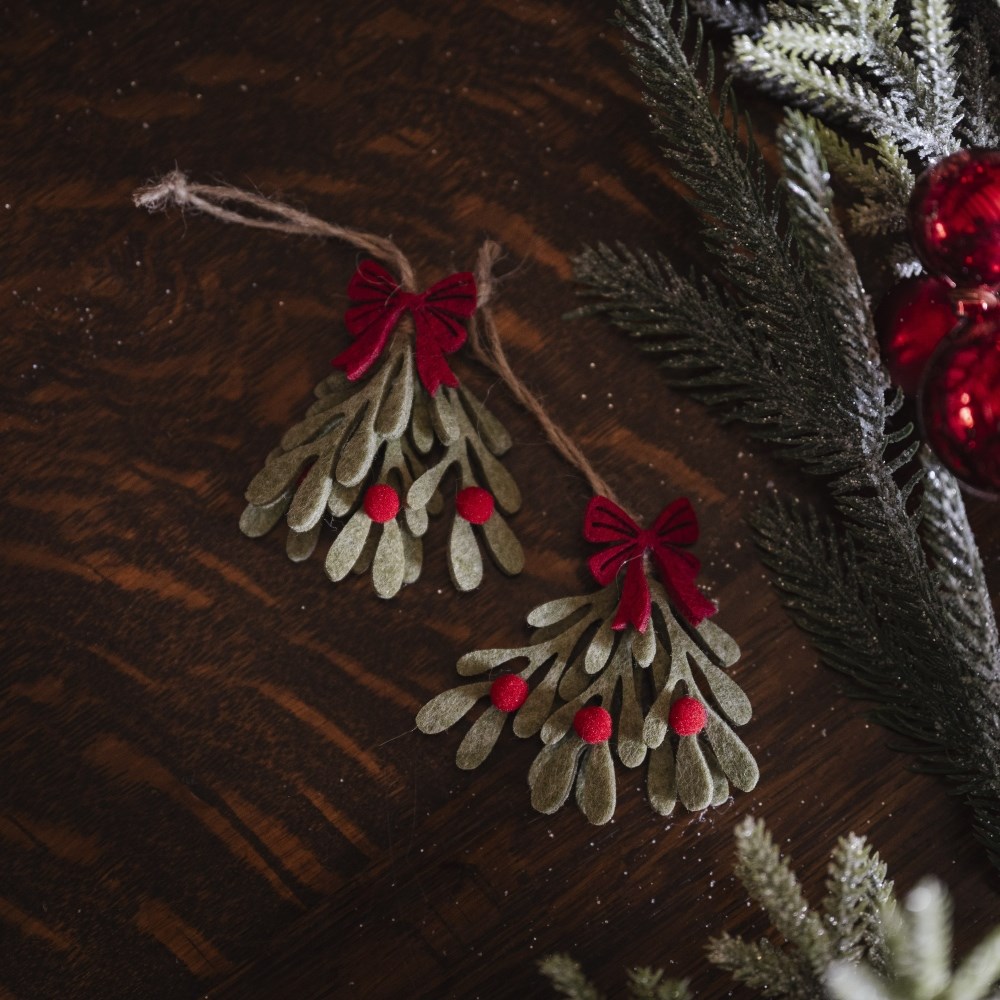 Two small felt mistletoe decorations