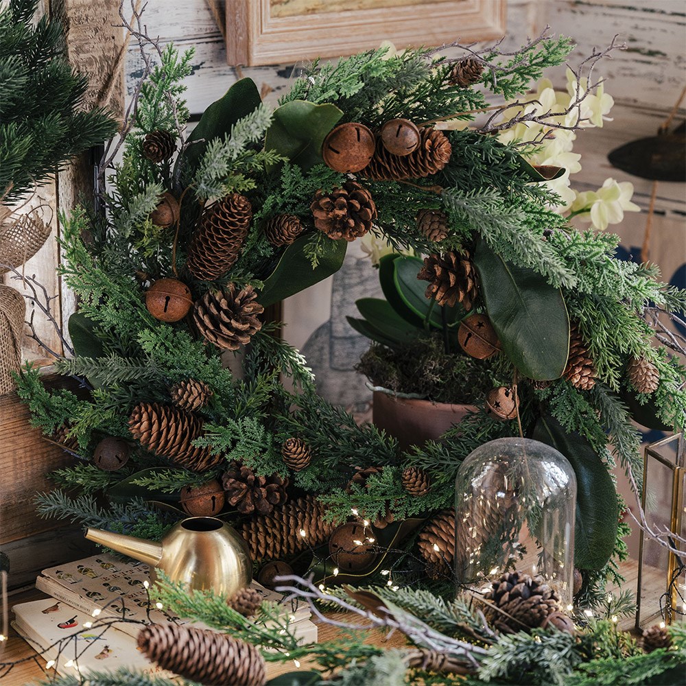 Green wreath with rusty bells
