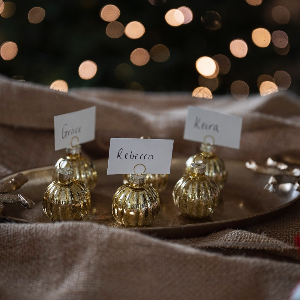 Six bauble place name holders - gold