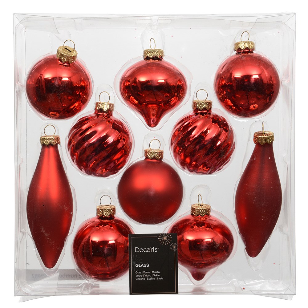 Red shaped baubles - box of 10