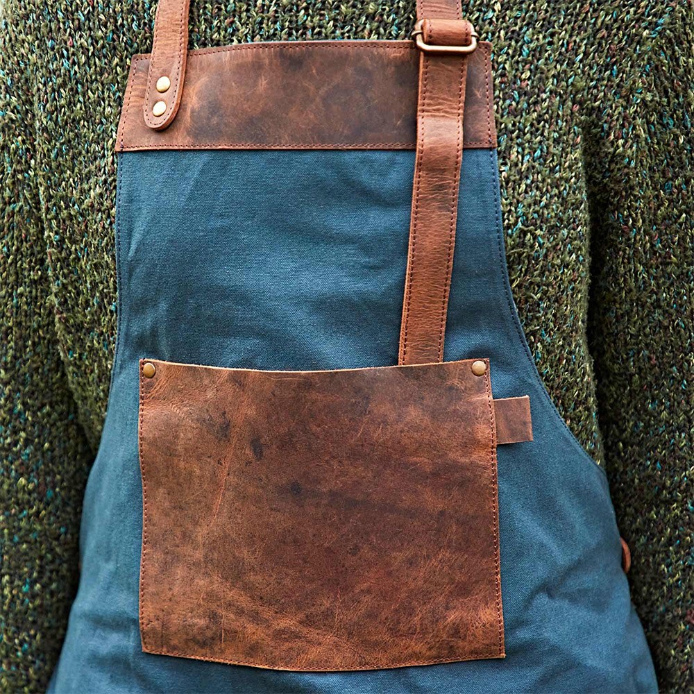 Recycled cotton & buffalo leather gardeners apron - blue